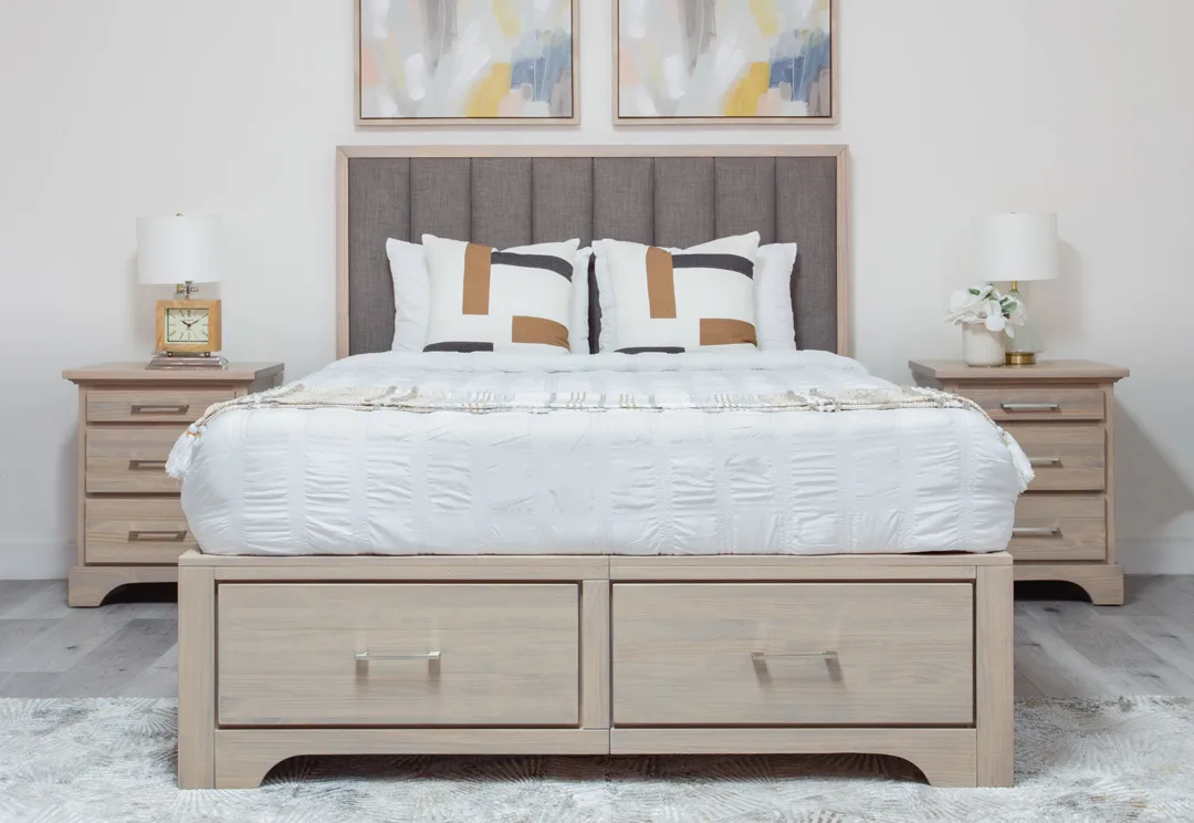 Nova upholstered channel tufted headboard storage bed queen king double by Mako Wood Furniture