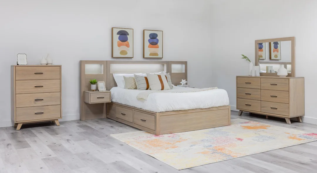 Solid wood Belmont bed with floating night tables and LED lights